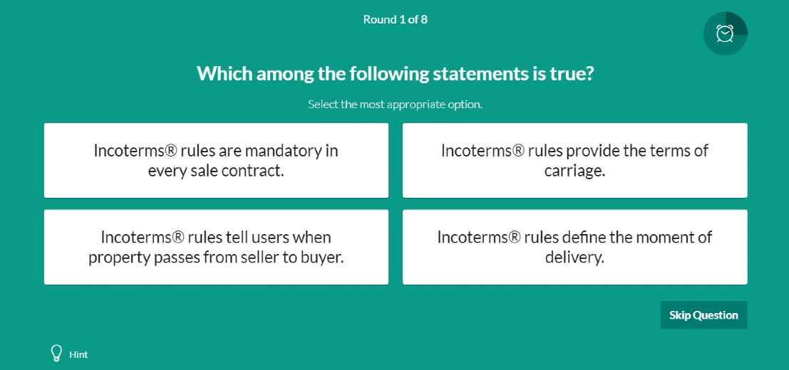 Test your understanding of the <a href="/iccwbo/">International Chamber of Commerce</a>'s Incoterms® 2020 rules with our free self-assessment tool! Our quiz features eight questions that will help you identify gaps in your knowledge. bit.ly/2V7Nv9j #incoterms #incoterms2020