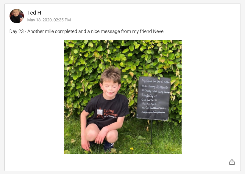While out on his #TwoPointSixChallenge run Sunday, Ted came across this sign. "My friend Ted (age 11) is blind. He is running 26 miles for a charity called Living Paintings. Today is day 22. Good luck Ted! From Neve age 9." 😍 😍😍 #GoTed JustGiving: buff.ly/3aDf3rM