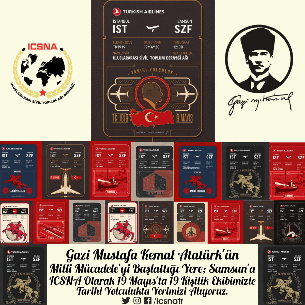 icsnatr's tweet photo. Gazi Mustafa Kemal ATATÜRK'ün Milli Mücadele'yi başlattığı yere; Samsuna, ICSNA olarak 19 Mayıs'ta 19 kişilik ekibimizle tarihi yolculukta yerimizi alıyoruz. #TarihiYolculuk #TürkHavaYolları #19MAYIS #ICSNA #ICSNA61 #STK #STK61 https://t.co/pZL3Kot2df