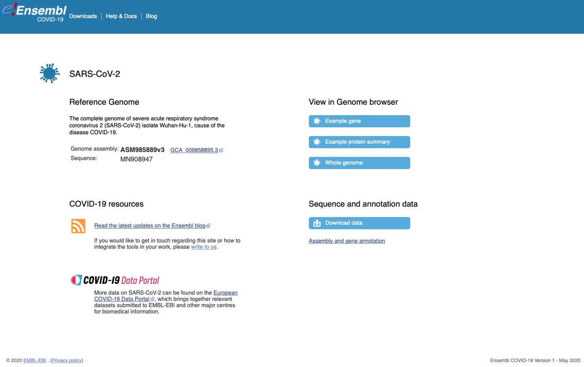 We are excited to announce the launch of our #COVID19 resource!
You can find our #SARSCoV2 browser and related resources at: buff.ly/2T8cmbD

Check the #Ensemblblog for all details: buff.ly/36g8qej

#coronavirus #OpenData