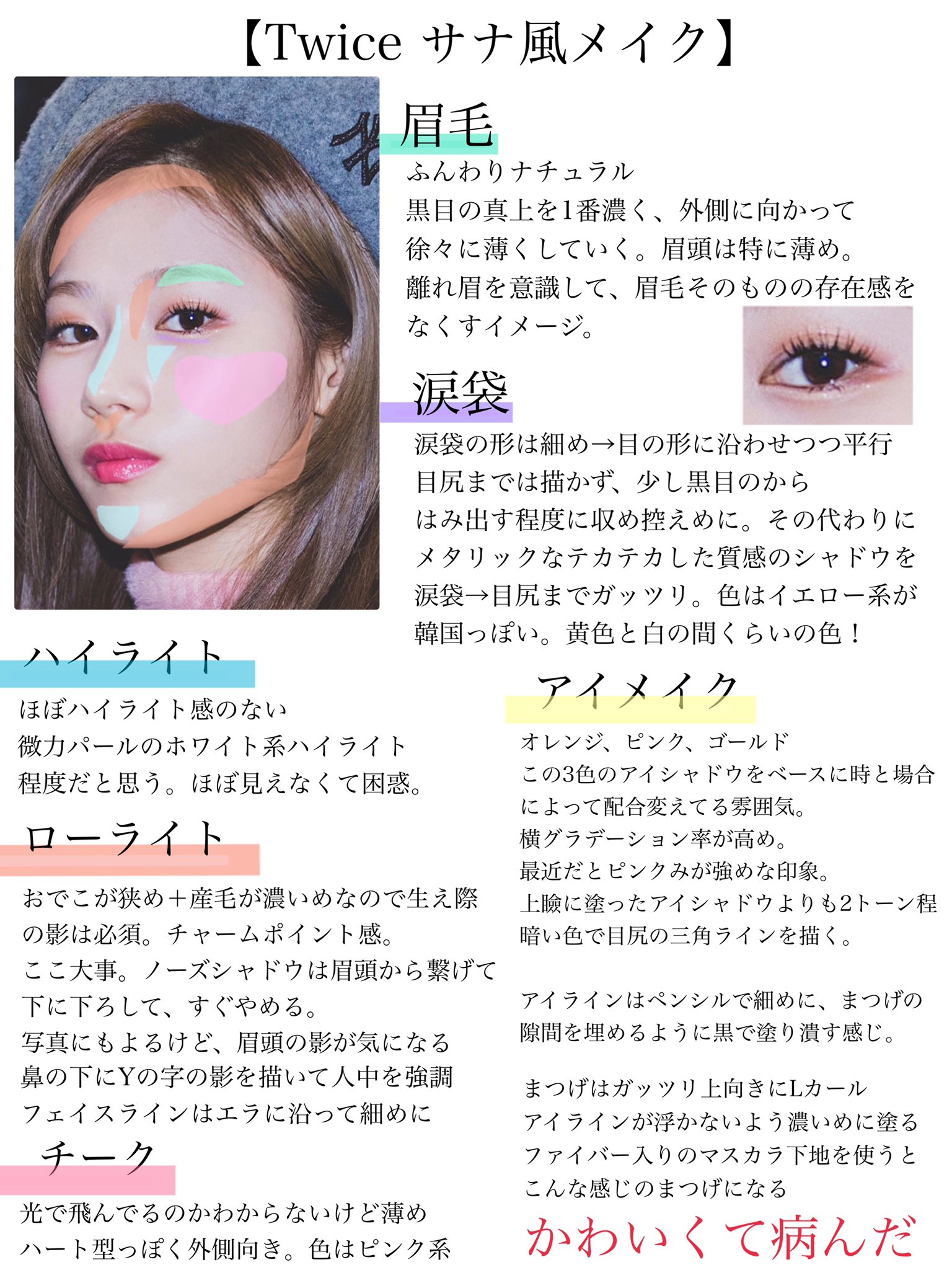 星月らら Twitterren Twice サナ風メイク かなり雰囲気は近づけられるはず こういうメイク の画像作るときって30枚くらいの顔面がよく見える写真を見比べて色々分析するんだけどサナが美しすぎて途中から血吐きそうになった T Co Jc4ouoj3yz