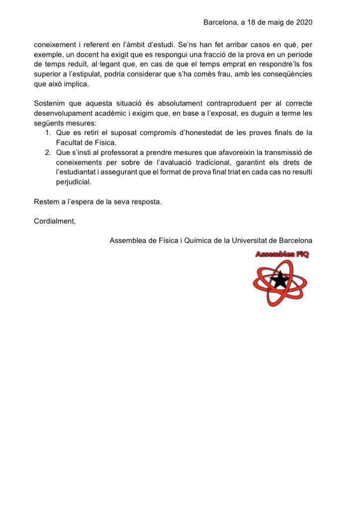 assembleaFiQ's tweet photo. Els examens finals arriben i l’alumnat no té garanties. Ens imposen directrius coaccionants dedicades a dificultar la prova i a controlar l’alumnat

Ens veiem amb la necessitat de recordar al deganat que a les proves ens han d’avaluar, no posar traves https://t.co/rYRox16ENF