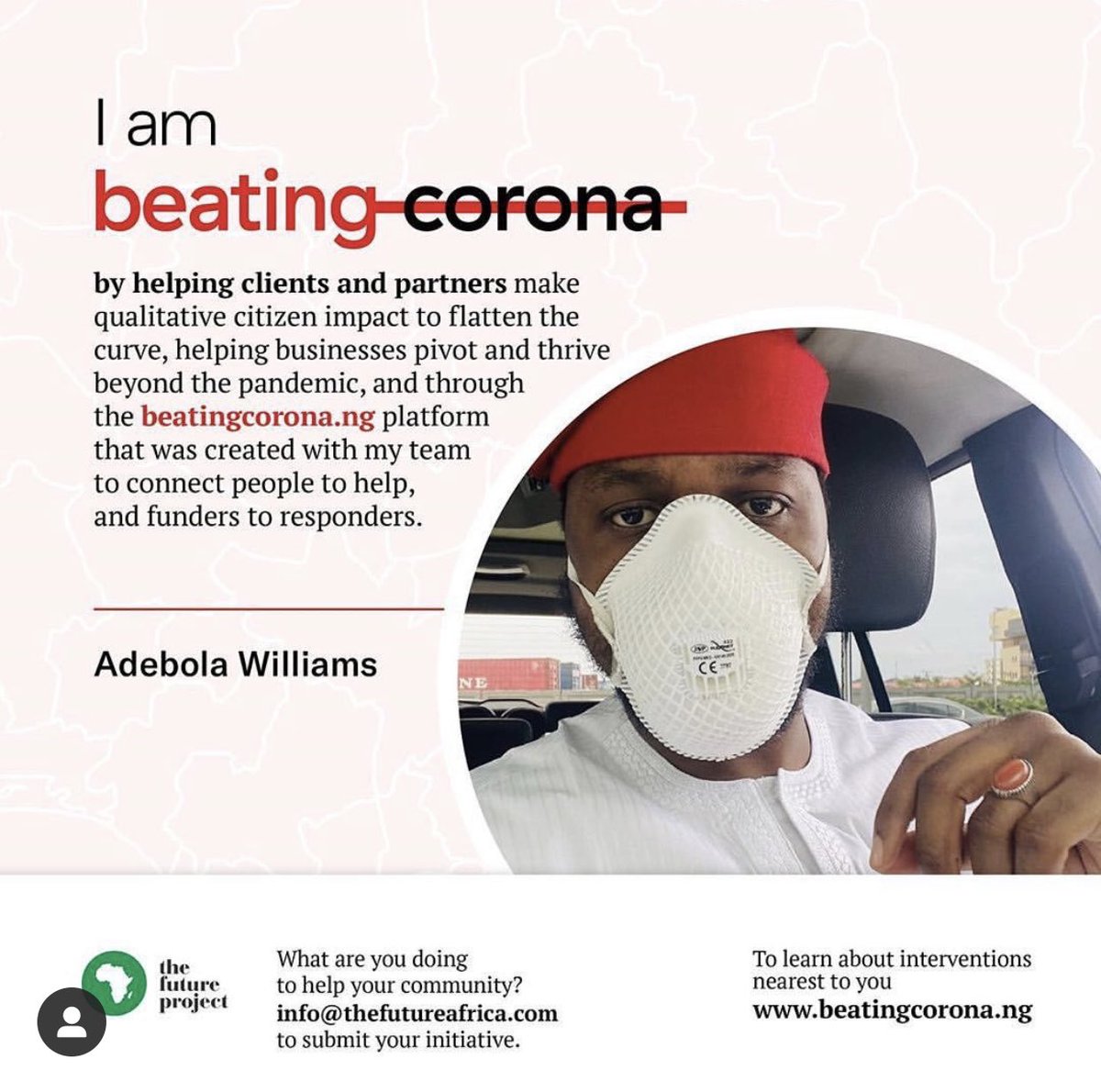 RedMediaAfrica's tweet image. This is how the CEO, RED | For Africa Adebola Williams @DebolaLagos is beating Corona. #BeatingCorona.ng Beating corona is our responsibility. - 
How are you #BeatingCorona?
Tell @TFAAfrica on info@tfaafrica.com