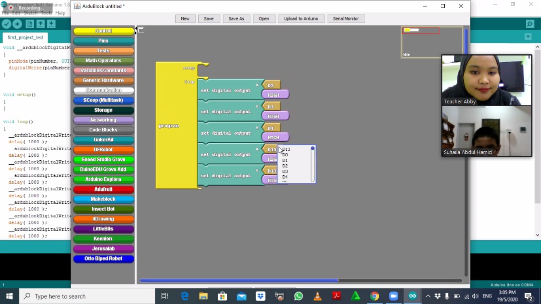 MakersNextgen's tweet image. Hari ni cikgu Abby ajar tentang pengenalan & perbezaan antara analog & digital output kepada salah seorang student yg join kelas arduino online setiap minggu ☺ #KelasArduino #Online #Maker+ #Robotik