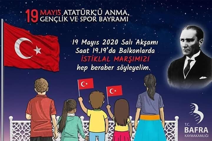 19 Mayıs Atatürk’ü Anma Gençlik ve Spor Bayramını Kutlamak İçin bu akşam 19:19 da balkonlarda İSTİKLAL MARŞIMIZI hep birlikte söyleyelim.
<a href="/bafrakaymakam/">Bafra Kaymakamlığı</a> <a href="/bafra_mem/">Bafra İlçe Millî Eğitim Müdürlüğü</a> <a href="/CoskunESEN57/">Coşkun ESEN</a> <a href="/mehmetalikatip1/">Mehmet Ali KATİPOĞLU 🇹🇷</a> <a href="/zekeriyaakbag/">Zekeriya Akbağ</a> @YUKSELAYDINTS <a href="/CevdetErturkmen/">Cevdet Ertürkmen</a>