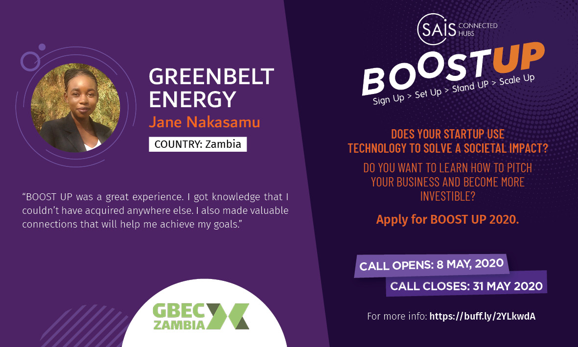 #Zambia startup Greenbelt Energy produces biogas and has designed a smart gas cooker that uses state-of-the-art sensors and a mobile application to access their products. 

Are you solving a social challenge with #tech? Check out BOOST UP 2020. buff.ly/2YLkwdA