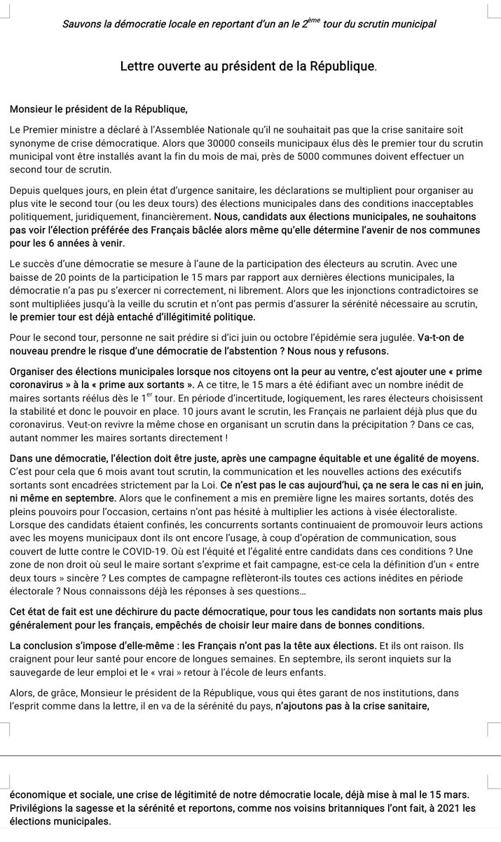 Avec d'autres candidats aux élections #Municipales2020 , j'ai cosigné une lettre ouverte au Président #Macron appelant à reporter l'élection d'un an. Le 1er tour a été faussé. Le 2ème tour ne doit pas être bâclé ! Une élection en plein état d'urgence, ça n'est pas la démocratie.
