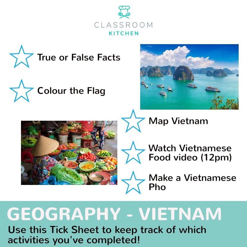 ClassroomK's tweet photo. 🌏 Geography Day 🌍
✈ Vietnam ✈
😍 Vietnamese Pho Recipe - 10:30am 😍
🎥 Video Class - 12pm 🎥
Make #homeschooling easier with our Geography activities - great to learn about new places!! 
📸 Tweet your photos! 📸
#GetCooking #CKrecipes #CKCookOff #CKVietnam https://t.co/vadpihcQai