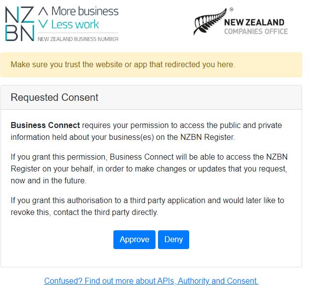 Then, still in the pop up, it asks us if we want to allow Business Connect access to the NZBN Register.I guess thats the whole point, right? Approve.