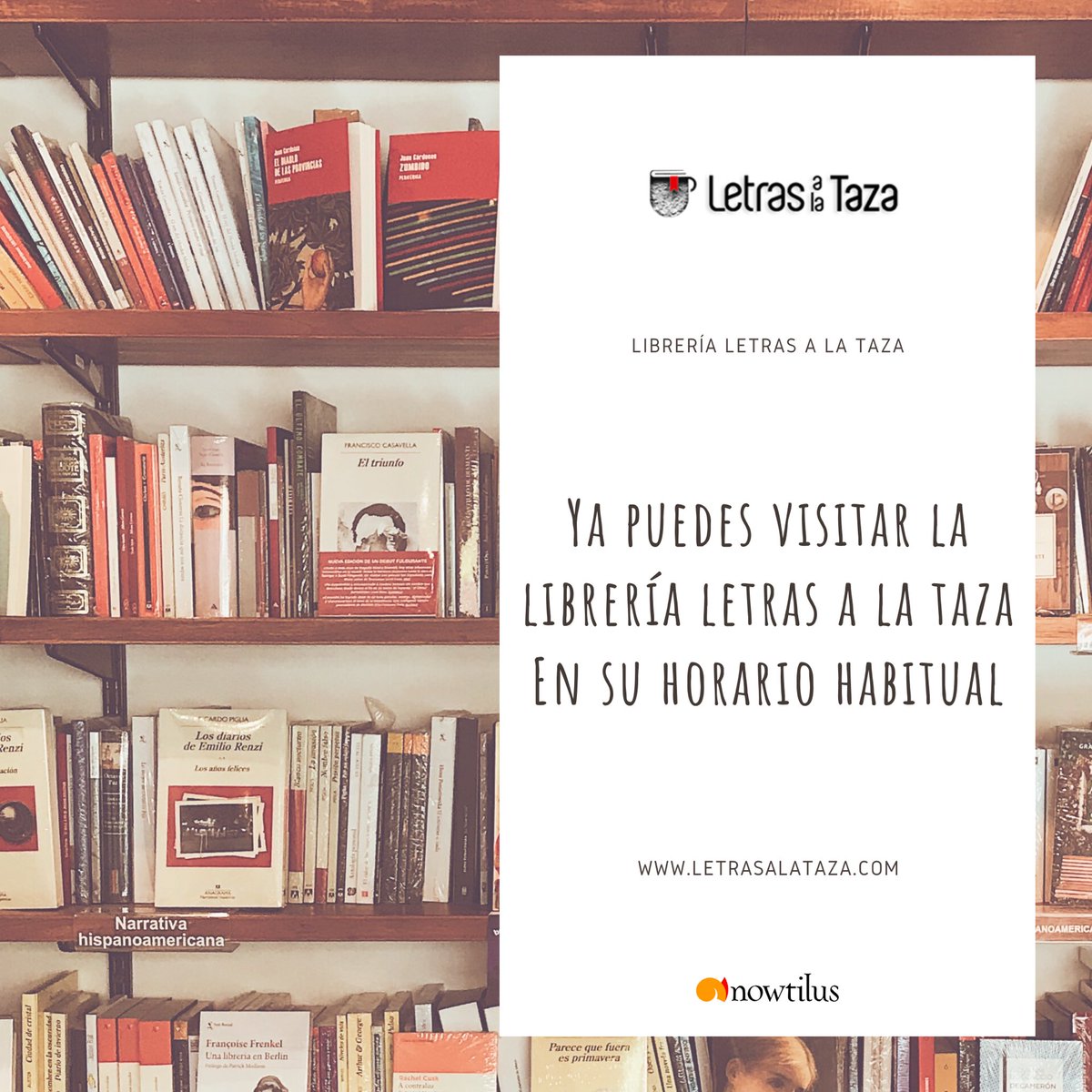 ¿Vives en Navarra?, ya puedes visitar la Librería Letra a la Taza, estarán abiertos en su horario habitual.

Enlace a la web de la librería:   letrasalataza.com

Puedes adquirir nuestros libros a través del siguiente enlace: letrasalataza.com/busqueda/lista…

<a href="/Letrasalataza/">Letras a la taza</a>