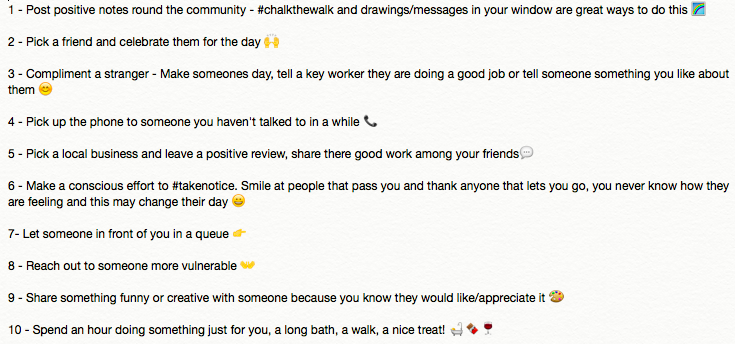 SwinGlosMind's tweet image. #RandomActsOfKindness 😃 
.
.
.
Here's 10 random acts of kindness...challenge yourself to complete all 10 this #MentalHealthAwarenessWeek and share your journey with us!
