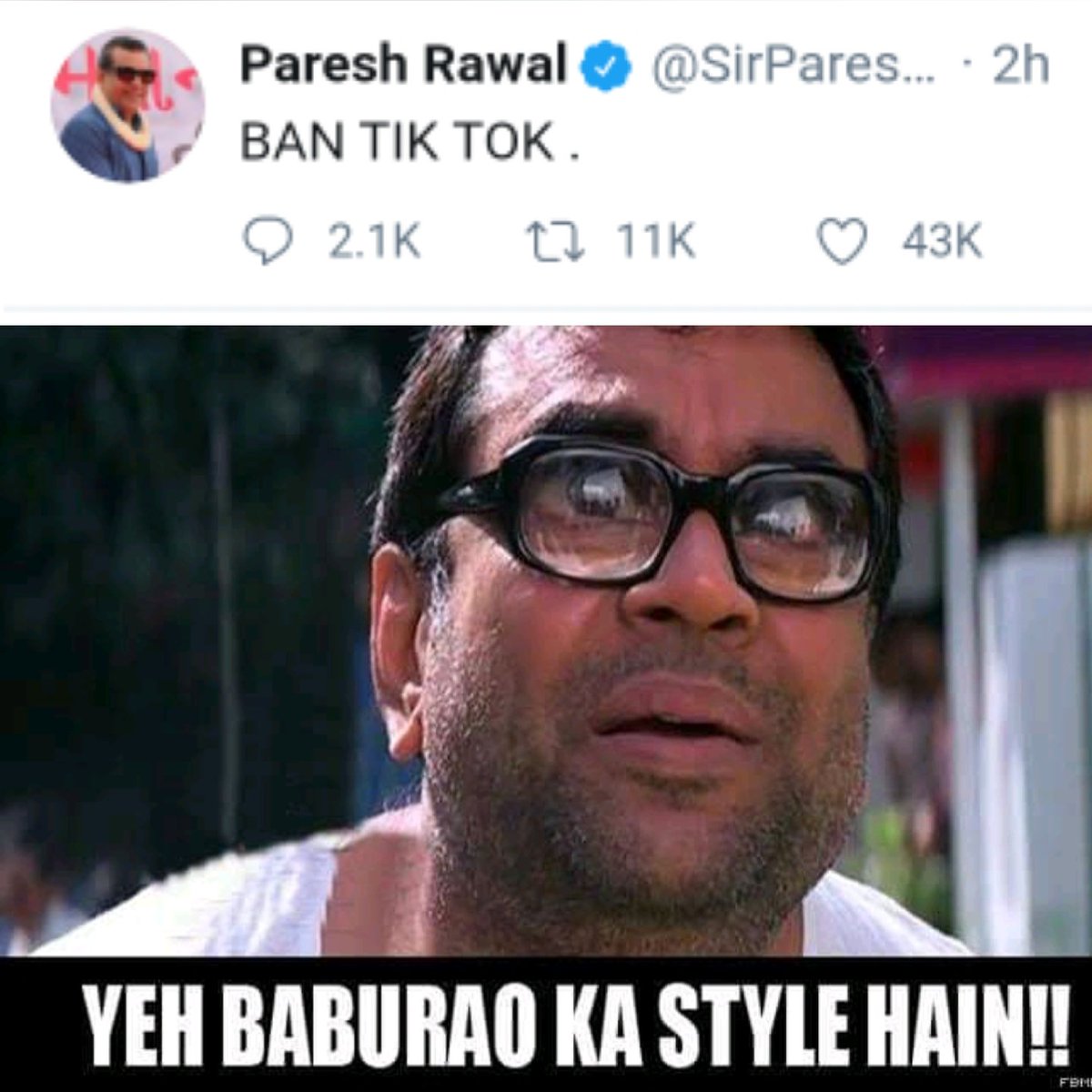 DesperateLaunda's tweet photo. From providing us meme content to supporting memers...Babu Bhai has come a long way @SirPareshRawal 
♥️♥️
#BanTikTokInIndia https://t.co/Qma8T75kBu