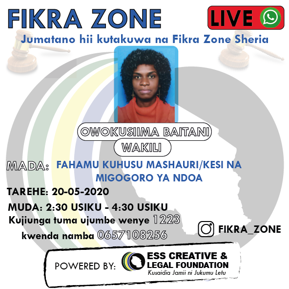CreativeEss's tweet photo. Fahamu kuhusu mashauri au kesi na migogoro ya ndoa katika FIKRA ZONE SHERIA wiki hii. #esslegalassurance #userfriendlyjustice @IlalaYetu https://t.co/O3N6czOjca