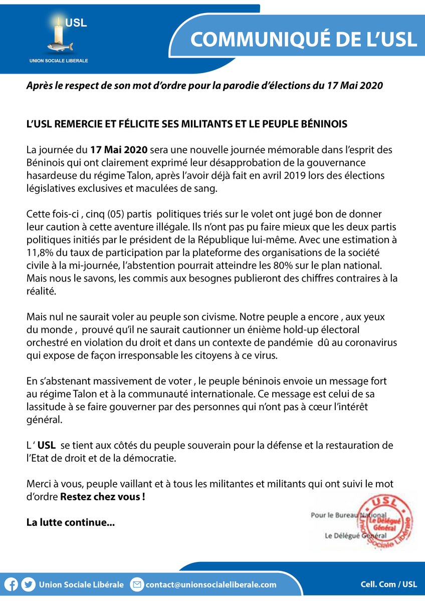 uslbenin's tweet photo. L'#USL vous remercie et vous félicite pour avoir suivi son mot d'ordre #Restezchezvous dans le cadre des élections communales du 17 mai 2020.
Militants, militantes, peuple béninois, la lutte continue.

#USLBénin https://t.co/zGyMHuVwhr