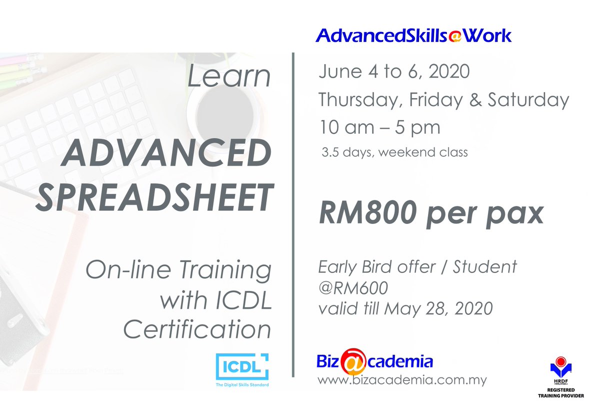 AcademiaBiz's tweet photo. Level up your #Spreadsheet #skills and learn how to master your formulas. 
Come join our Online Advanced Spreadsheet Class that comes with a certification from #ICDL, internationally recognised for digital competence. #digitalskills #education
Register: https://t.co/cZjzmSINQ2 https://t.co/wznpgprjAh
