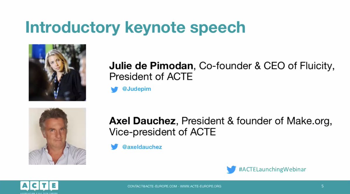 Fluicity's tweet photo. "We are #civictechs with different business models, but we have one common mission: to provide a response to the democratic crisis and increase citizen participation. We founded @AssoCivicTechEU to speak as one voice through Europe" @Judepim . Acte's launching webinar is on! https://t.co/8zEdvUbtGO
