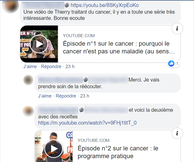 Ah ! On est sauvés ! Peut-être enfin un membre qui a compris que ça pouvait être une tumeur cancéreuse ?Il lui propose donc de... regarder des vidéos de Thierry Casasnovas. La première s'appelle : "le cancer n'est pas une maladie"...