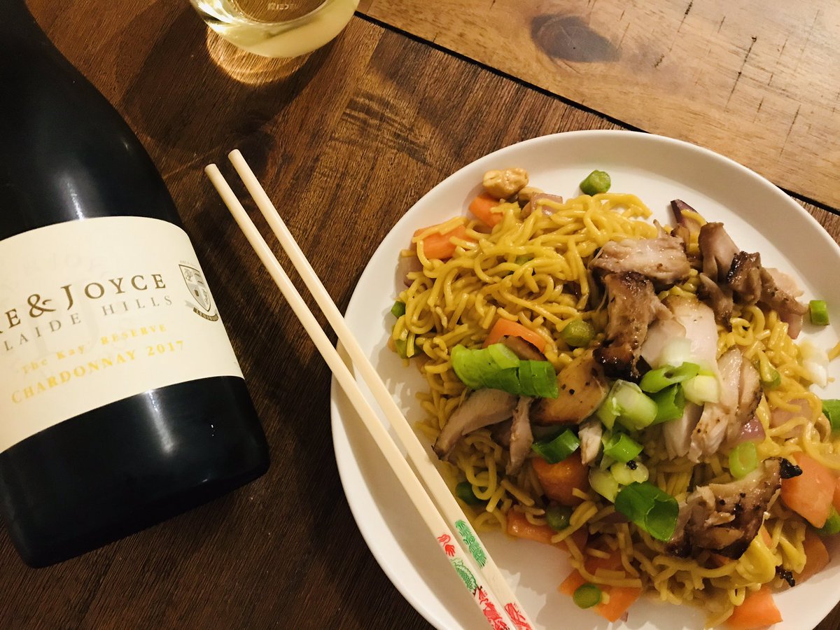 Noddles with loads of tasty stuff &amp; Chardonnay 

#ChickenOfTheCave