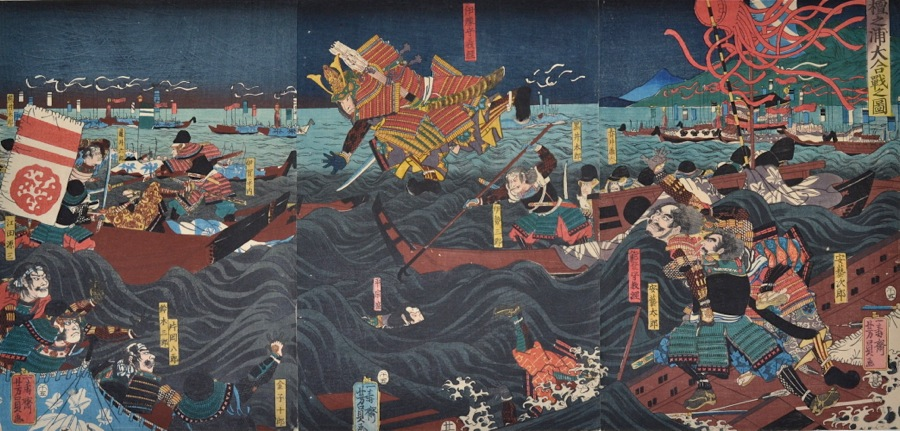 Here's another painting of the same famous scene, "The Battle of Dan-no-Ura of 1185" by Utagawa Yoshikazu (pupil of the previous artist). The idea of a bishounen hero flying through the air (clearing 8 ships!) with his weapon drawn in the midst of battle is not a modern conceit!