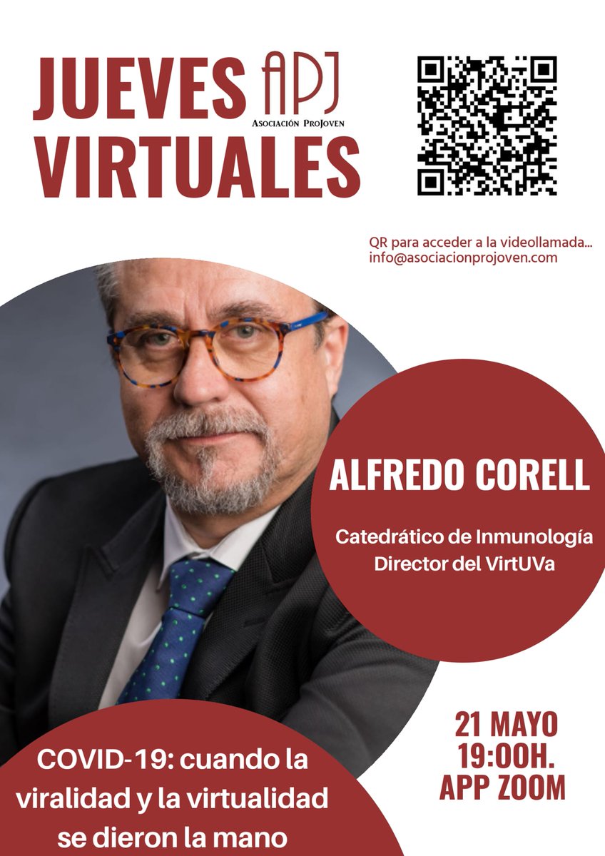 Este jueves nos visitará el catedrático de Inmunología y director del VirtUVa <a href="/alfredocorell/">Alfredo Corell</a> en los encuentros virtuales de APJ.

Todos dentro a las 19 horas
App ZOOM (Código en cartel)