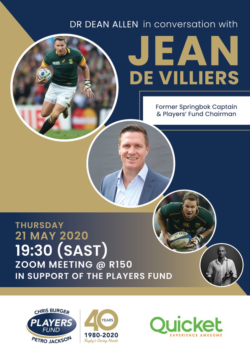 THESTORMERS's tweet photo. Make sure you do not miss former DHL Stormers skipper Jean de Villiers in this special online interview on Thursday evening, with all funds raised going to the @playersfund_sa  https://t.co/zu42RSh6Jt https://t.co/UC8zUisxlL