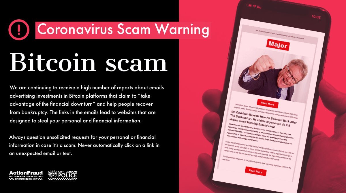 We are seeing a high number of reports about emails promoting Bitcoin  investment scams. Fraudsters are using images of celebrities to make the  emails seem authentic but in reality the celebrity has