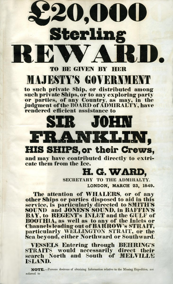  #OTD in 1845, the Franklin Expedition set sail from Greenhithe, England, led by Royal Navy officer and explorer, Sir John Franklin.In 1848, the British government offered £20,000 (£1.6 million today) to anyone who could help find Franklin's lost Arctic expedition: ADM 7/189