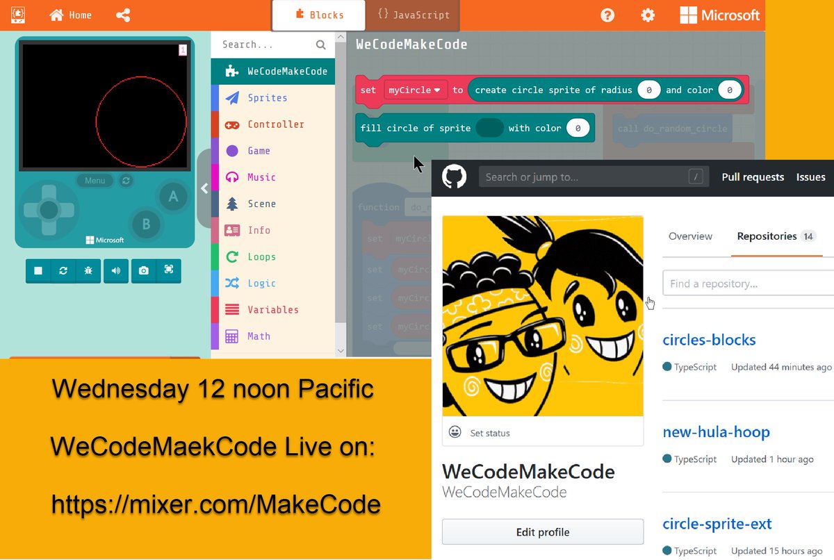 WeCodeMakeCode's tweet image. Tomorrow (Wednesday)  12 noon Pacific mixer.com/MakeCode will stream a tutorial  &quot;The Joy of Extensions, GitHub and Circles in #MakeCode #Arcade&quot; -- a not-quite-beginner&apos;s guide to the wonderland of code by @WeCodeMakeCode.