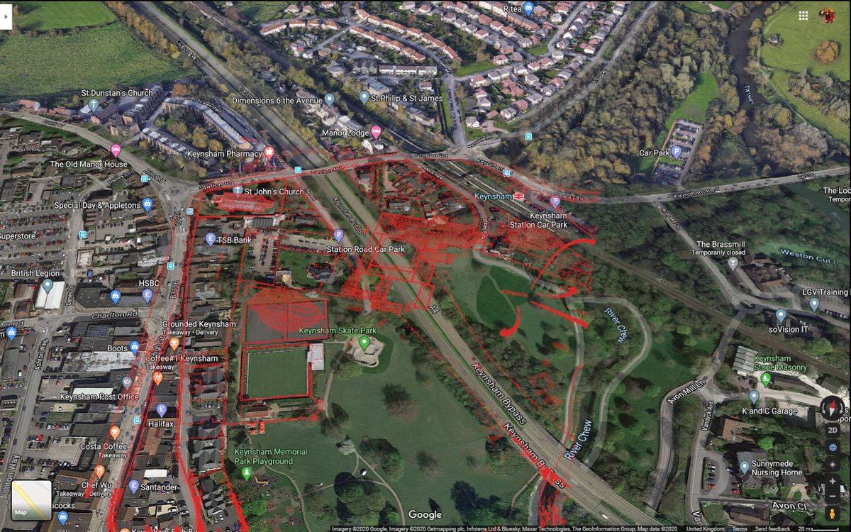 Keynsham, oh my. A decent Austin abbey that survived till 1539 with £466 gross. First the A4 bypass goes right over it. Then the Google 3D data stop just short of it and its parish church. Apparently some of this is in situ. Pevsner's visit in '58 would've been before the road.