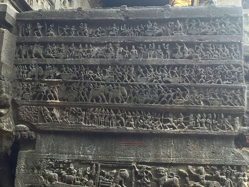 The base of the temple hall features scenes from Mahabharata and Ramayana.Mahabharata panel