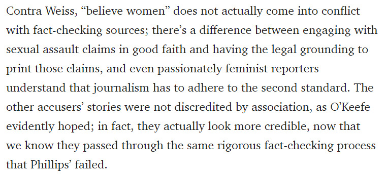Back to 2017, when  @sadydoyle , in Elle, wrote that "believe women" doesn't conflict with fact-checking, or with identifying false accusations. It's about "engaging with sexual assault claims in good faith." https://www.elle.com/culture/career-politics/a13977980/me-too-movement-false-accusations-believe-women/