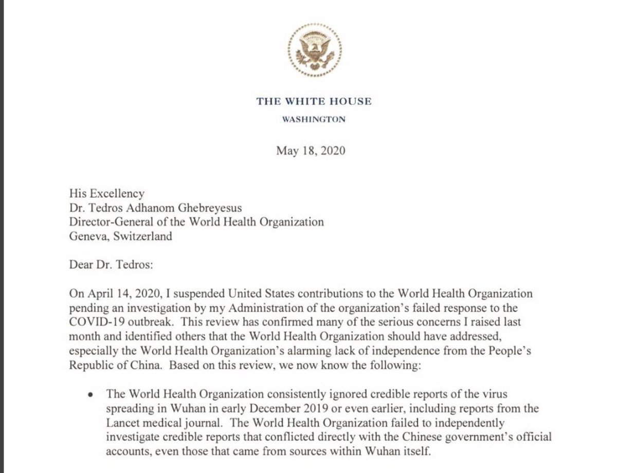 The President's letter claims the  @WHO ignored credible reports of  #SARS_CoV2 spreading in Wuhan in early December, including in the  @Lancet