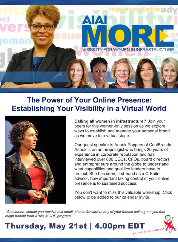 AIAI_Infra's tweet photo. AIAI's MORE program focuses on helping women in infrastructure create visibility through their personal brand, especially now in our virtual world. Don't miss Thursday's workshop - drop us a DM for more details on how to sign up. #womenininfrastructure #p3women https://t.co/Moy57qoeFY