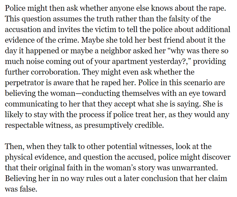 In 2018, Cornell Law Professor  @SherryColb wrote an article entitled "What Does  #BelieveWomen Mean?" The article focuses on police work; Colb says it means initially accepting reports of rape as made in good faith, rather than reflexively doubting then. https://verdict.justia.com/2018/11/07/what-does-believewomen-mean