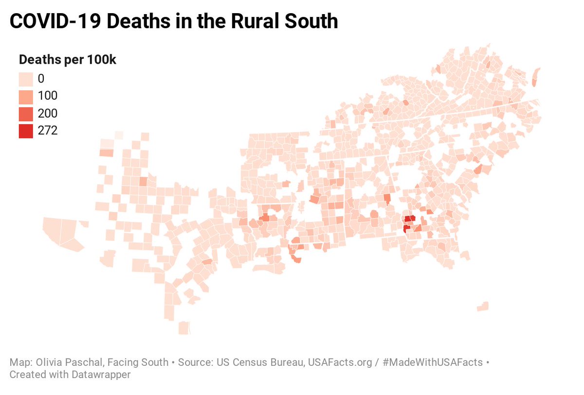But counties with the highest # of deaths per capita to this point are overwhelmingly in the deep South — and have higher black populations.  https://www.facingsouth.org/2020/05/here%27s-what%27s-driving-rural-souths-covid-19-outbreaks