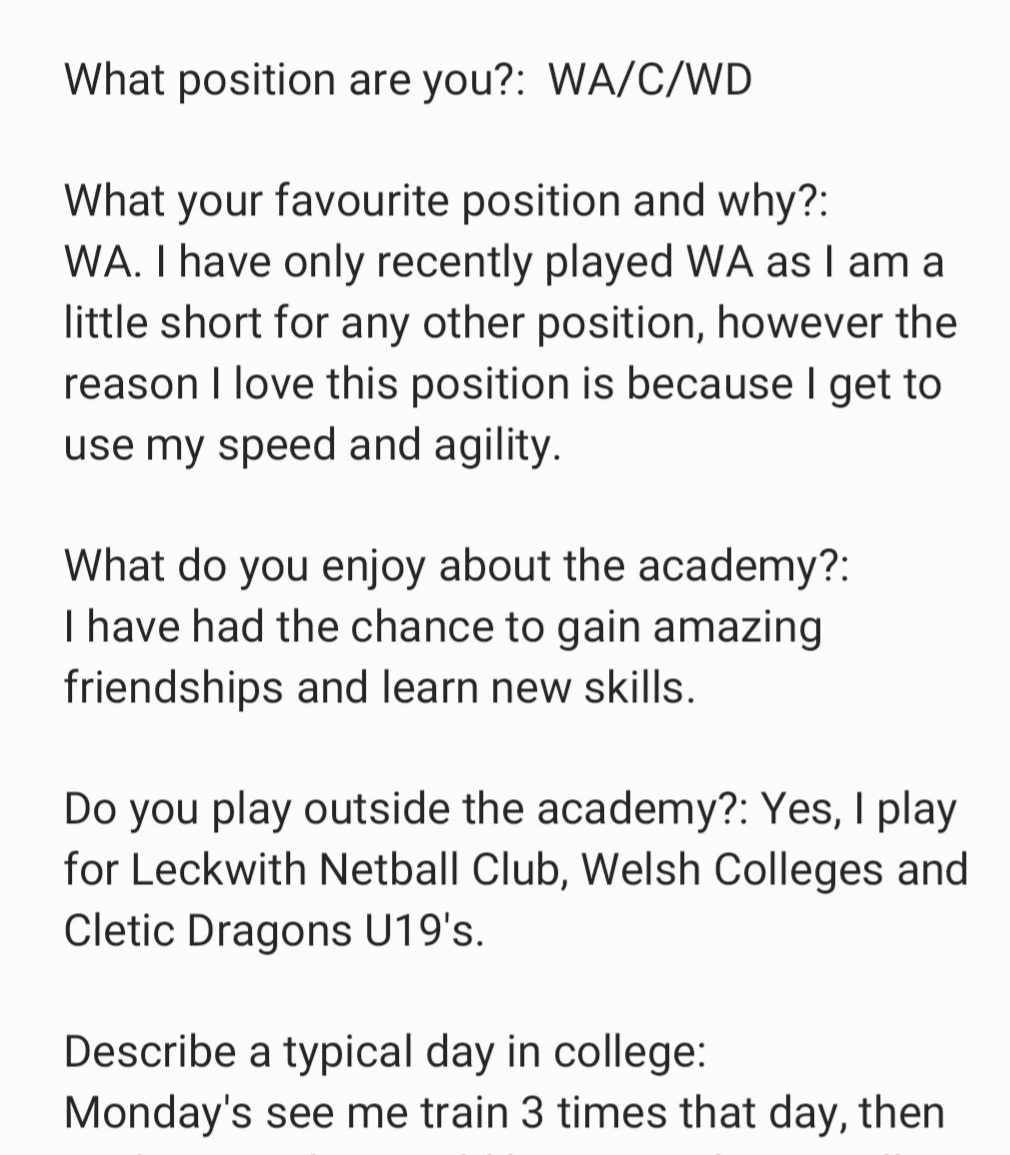 CAVC_Netball's tweet photo. Wythnos i heddiw rydyn ni'n edrych ar broffil chwaraewr Jessica Richards-Clode

Edrychwch arno a gweld beth sydd ganddi hi ddweud am academi pêl-rwyd CAVC.
#academifelun 

@celtic_dragons @LeckwithLadies @CentralSouthWN @SouthEastWN @andrew42111946 @eastsideLeck @WelshCollegeSpo https://t.co/vniwM5OKDS