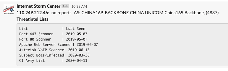 sans_isc's tweet image. Integrate #dshield and @sans_isc data right into your Slack workspace with our app. See isc.sans.edu/slack/index.ht… for details. (or try it out in our DShield Users Slack)