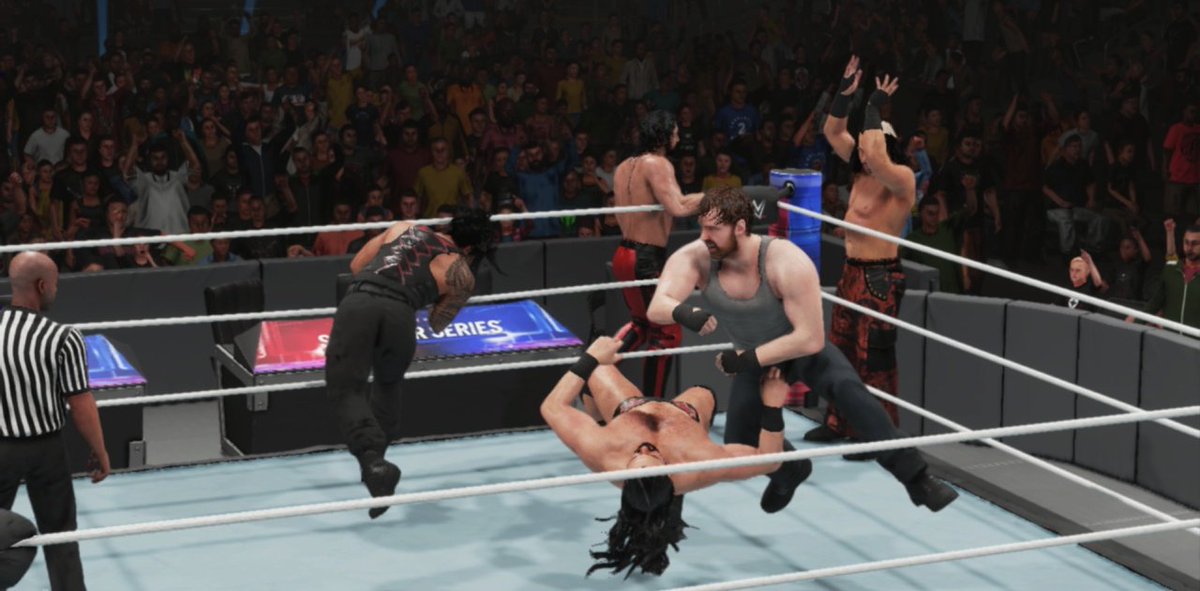 floydbanks2k26's tweet photo. The #WWERaw male #SurvivorSeries.  @DMcIntyreWWE steps in with @WWERomanReigns but Roman fires back and tag comes #DeanAmbrose (@JonMoxley) for some action.

#XboxOne #PPVTrend #WWE2K19 #UniverseMode #RomanReigns #SethRollin #BraunStrowman  #DrewMcIntyre #JinderMahal https://t.co/sW3iANOjLw