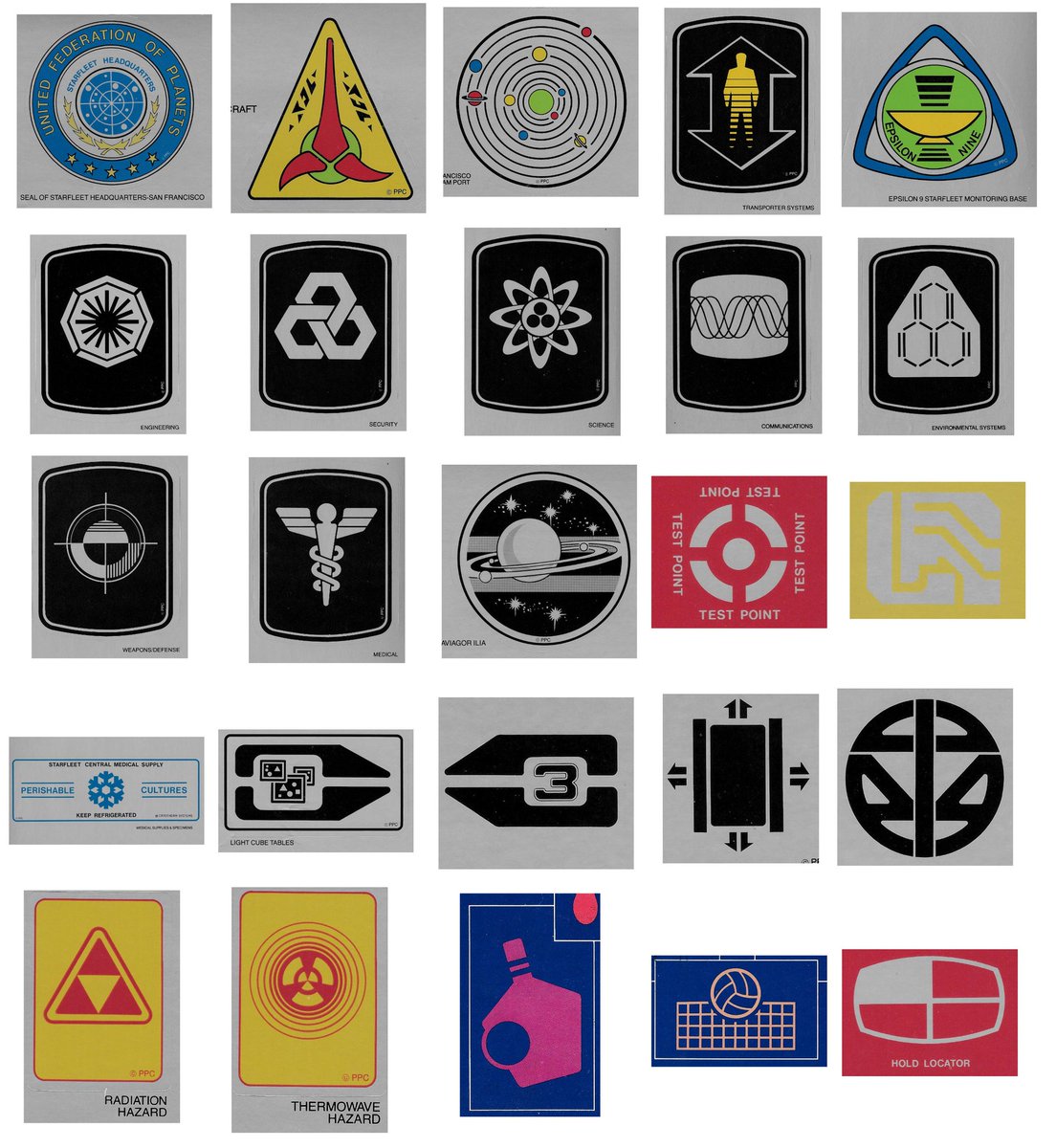 Here's the promised new article, 18 months in the making: I went through the first 7 Star Trek films (and various episodes) and looked for all appearances of logos from the TMP Peel-Off Graphics Book. I found 27, of which 25 are depicted below. https://www.ex-astris-scientia.org/inconsistencies/movie-pictograms.htm