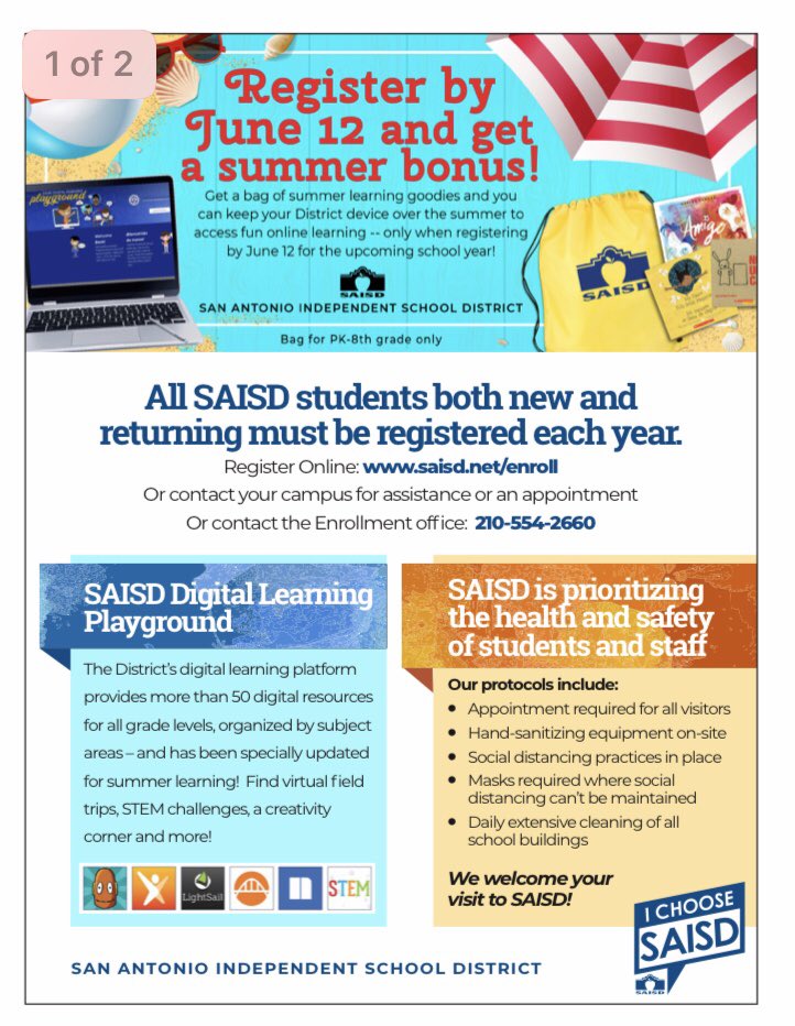 TafollaToros's tweet photo. Attn: all @SAISD students! Register for next school year before June 12th &amp; you’ll get a bag of FREE summer learning goodies (PreK-8 only) &amp; the ability to keep your District device through the summer to access online learning. Register today! Call (210) 978-7930 or (210)554-2660 https://t.co/1xp18nP090