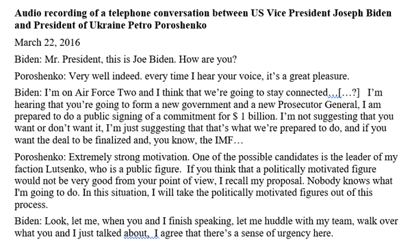 here's my (approximate) transcript of Mar 22, 2016 telecon between Biden and Poroshenko: see  https://twitter.com/golovaOPU/status/1262700044656021508. It is certain that there was a Mar 22, 2016 call between them.