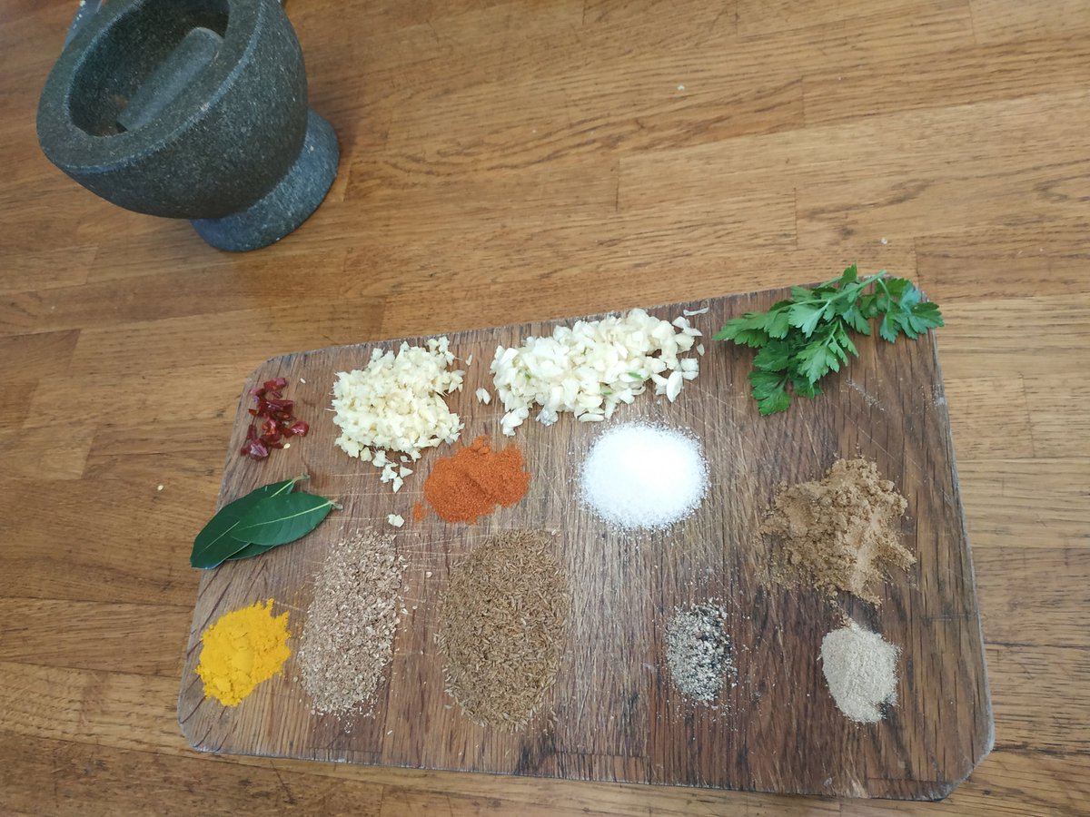 The freshly ground herbs and spices are ready for Matar Paneer Monkton Wyld style. With halloumi made today instead of the paneer.