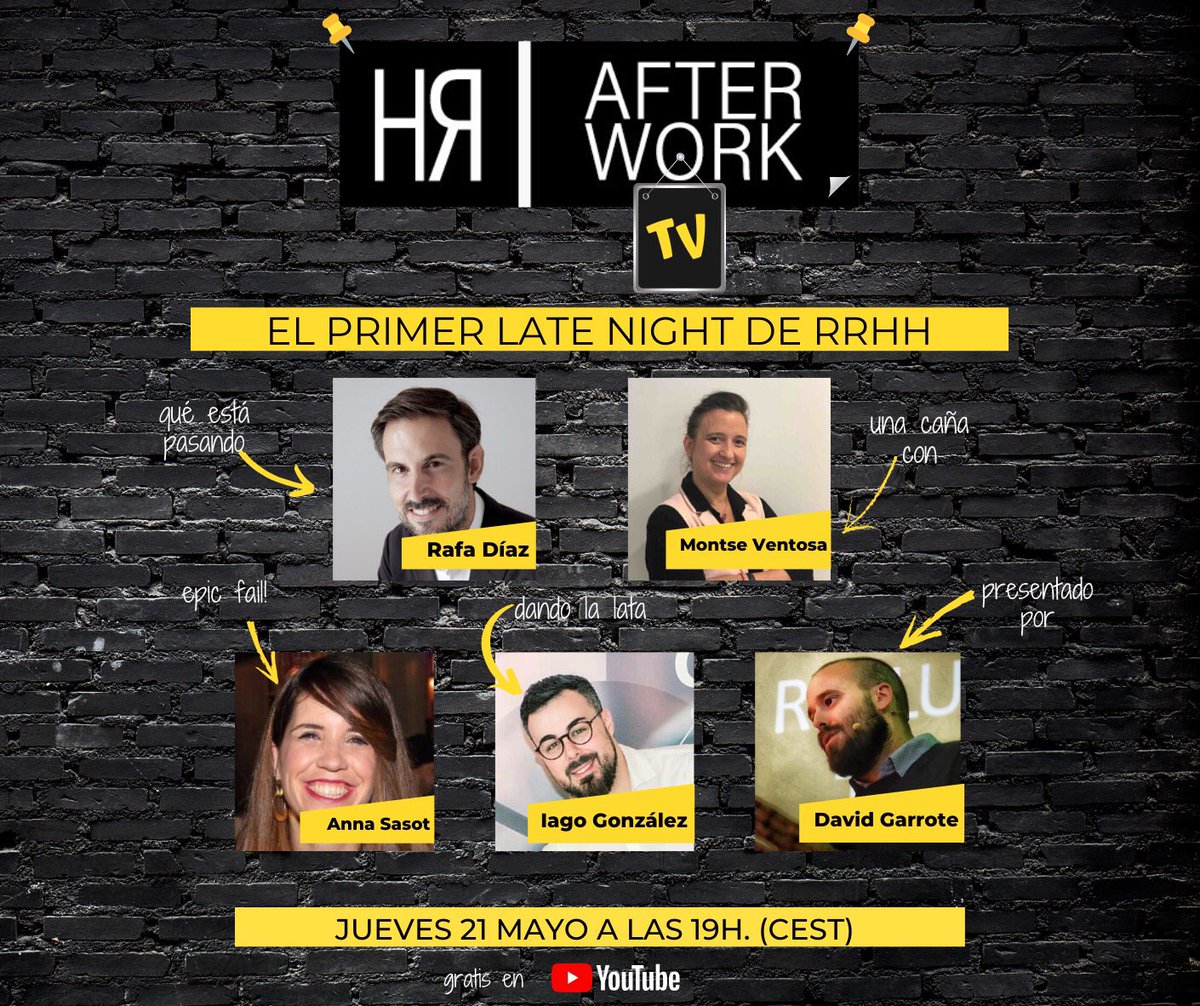 HRAfterwork's tweet photo. El primer late night de #RRHH. Os esperamos este jueves 21/5 a las 19h. Suscrítebe al canal #HRafterwork en Youtube ✌🏻 https://t.co/BJAuWyasKb
