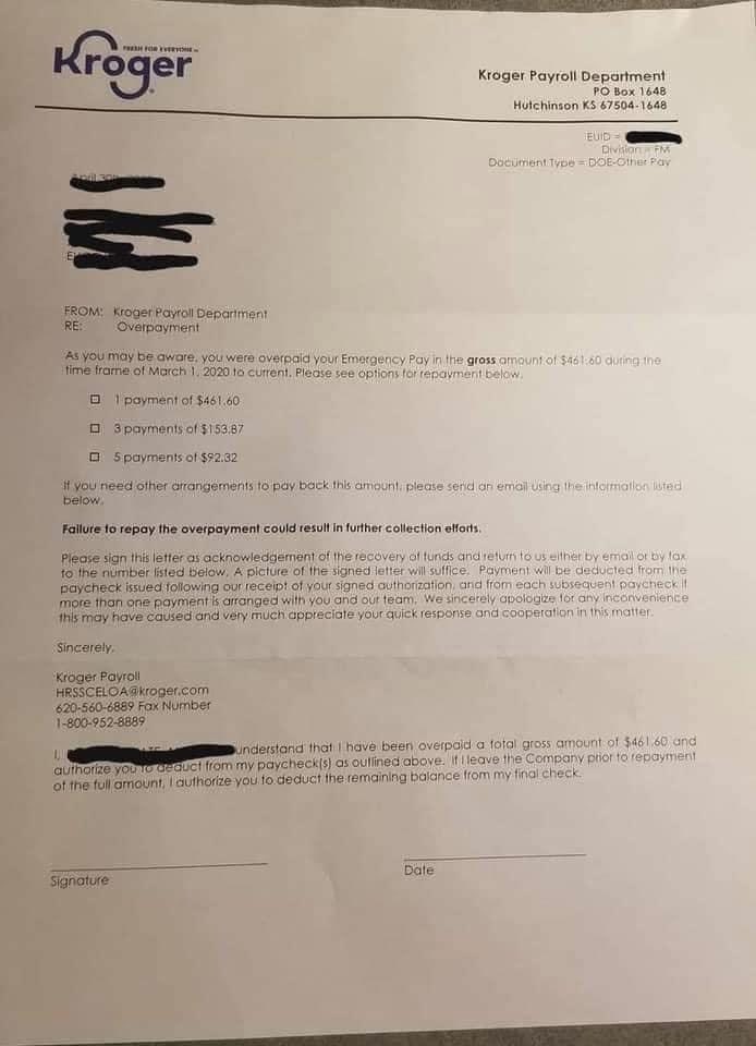 TheTNHoller's tweet image. WOW — @kroger asking for emergency pay back from some of its essential workers. 🤔😷💰