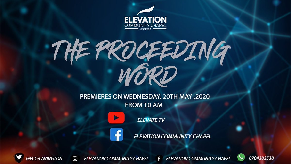 ECC_Ke's tweet photo. Join us tomorrow for as we premiere the proceeding word
From 10 am on our youtube channel and Facebook
Make sure to catch up.
Like, share and subscribe
#proceedingword
#Elevatetv
#elevationcommunitychapel
#word
#churchonline
#TuesdayMotivation https://t.co/W0K5hwMBzi