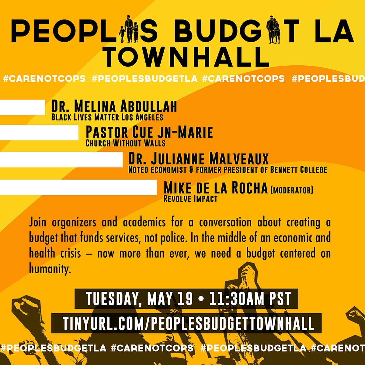JevhonRivers's tweet photo. Join today at 11:30a PT for #PeoplesBudgetLA Townhall with Dr. Julianne Malveaux @drjlastword, Pastor Cue @creatingjusticela, Mike de la Rocha @mrmikedelarocha, and  Melina Abdullah @docmellymel as we demand a budget that centers #CareNotCops.  https://t.co/D2ztZzAuZj @LA https://t.co/Asjunm1IAM