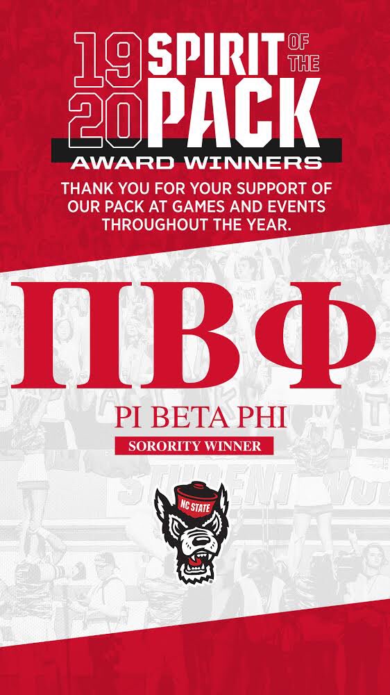 Congratulations to the 2019 Spirit of the Pack winners <a href="/NCSUPiBetaPhi/">NC Delta Pi Beta Phi</a>! Thanks <a href="/PackAthletics/">NC State Athletics</a>!