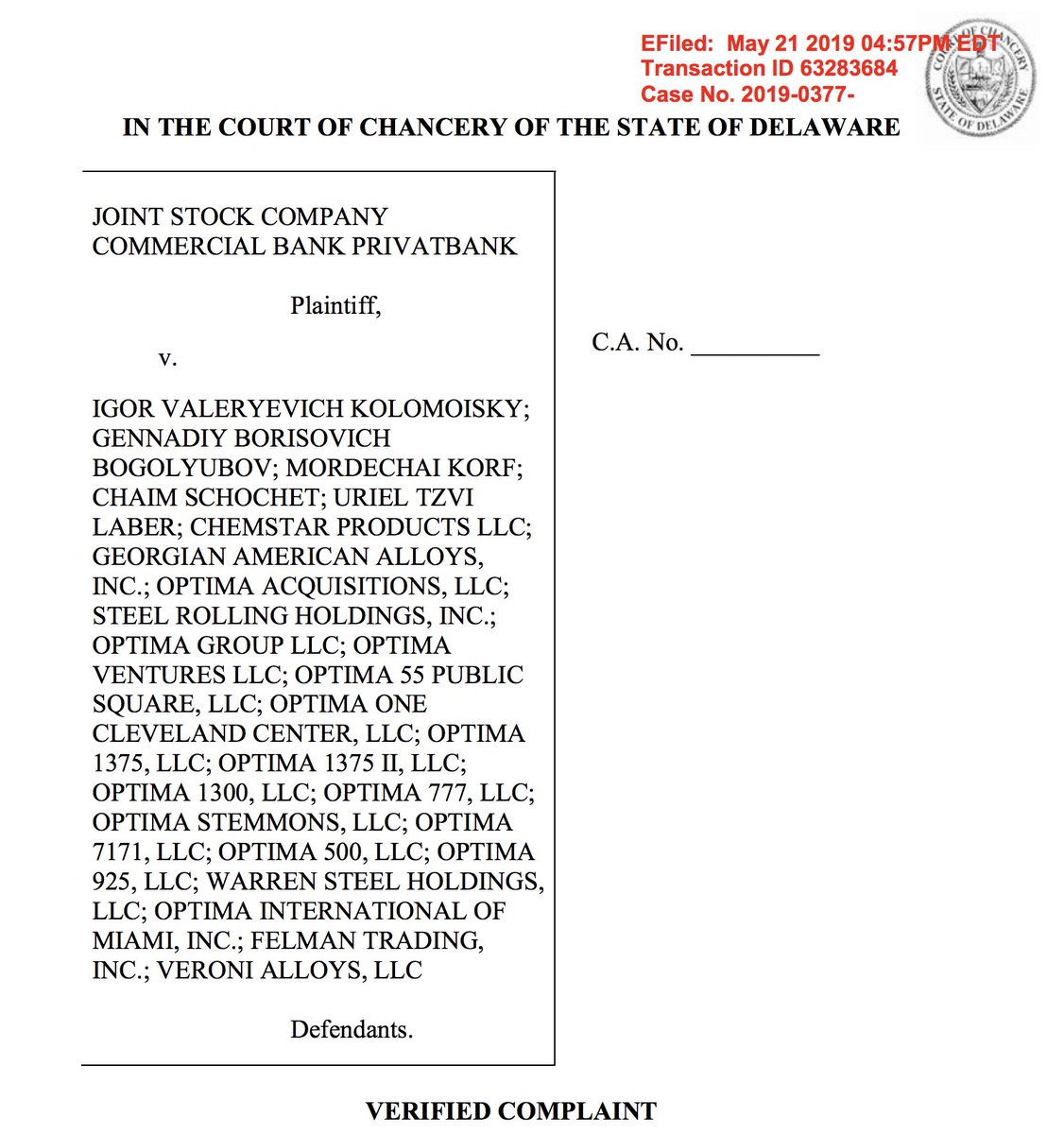 May 2019 lawsuit filed in Delaware by PrivatBank against the bank's former co-founders and majority owners Kolomoisky and Bogolyubov and others for allegedly laundering hundreds of millions from PrivatBank (before it was nationalized) through the US https://www.atlanticcouncil.org/wp-content/uploads/2019/06/kolomoisky_case.pdf