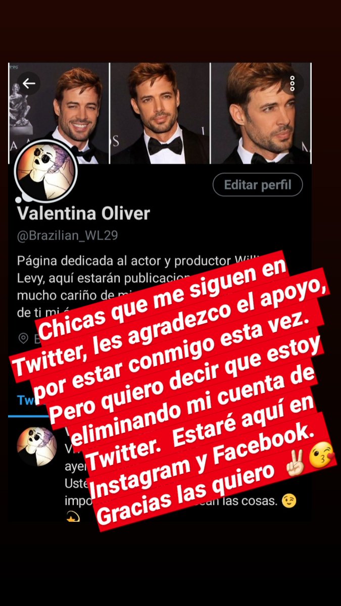 Chicas que me siguen en Twitter, les agradezco el apoyo, por estar conmigo esta vez.  
Pero quiero decir que estoy eliminando mi cuenta de Twitter.  Estaré en Instagram @valentinaoliver29/ @brazilian_willevy29  y Facebook Valentina Oliver . 
Gracias. Las quiero ✌🏻😘