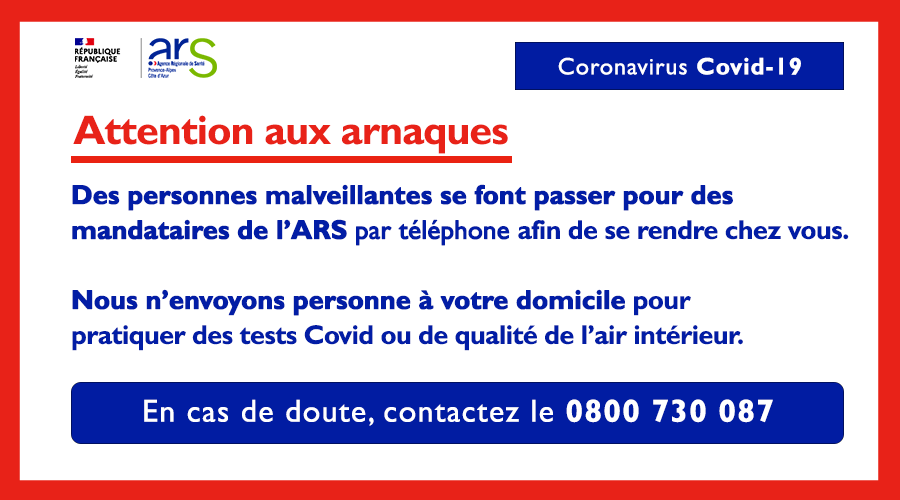 ARSPaca's tweet photo. ⚠️ Attention aux arnaques, soyez vigilants⚠️
👿Des personnes malveillantes se font passer pour des mandataires de l'#ARS par téléphone pour se rendre chez vous. 
🔴L'ARS ne mandate pas de société pour pratiquer des tests #Covid_19 ou de qualité de l'air à domicile. https://t.co/wbcoq1dvgK